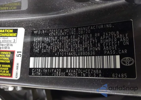 2020 Toyota Camry Le from USA, damaged, VIN 4T1C11AK5LU990636